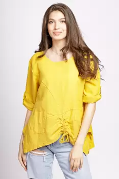 Bluza din in galbena, asimetrica, cu siret pe fata imagine