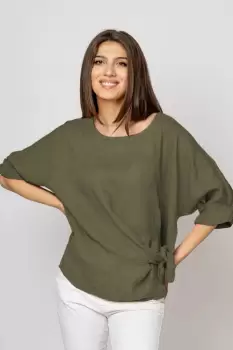 Bluza din in kaki, masura mare cu nod pe talie imagine