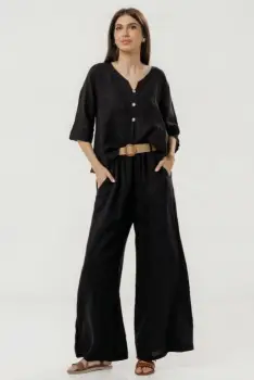 Bluza din in lejera cu nasturi decorativi, neagra imagine