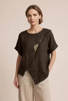Bluza din in maro cu paiete si broderie, croi lejer asimetric, stil elegant natural imagine