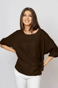 Bluza din in maro inchis masura mare cu nod pe talie imagine