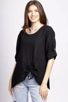 Bluza din in neagra, asimetrica, cu siret pe fata imagine