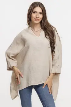 Bluza din in oversize,cu colturi si decolteu in V, bej imagine