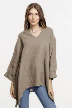 Bluza din in oversize,cu colturi si decolteu in V, bej inchis imagine