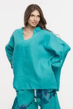 Bluza din in oversize,cu colturi si decolteu in V, turcoaz imagine