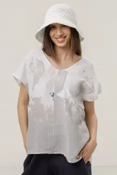 Bluza din in oversize cu funda la spate si imprimeu floral stilizat pastel, pe fond alb imagine