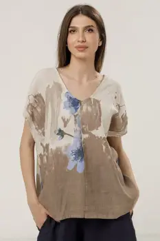 Bluza din in oversize cu funda la spate si imprimeu floral stilizat pastel, pe fond bej imagine
