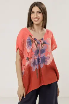 Bluza din in oversize cu funda la spate si imprimeu floral stilizat pastel, pe fond corai imagine