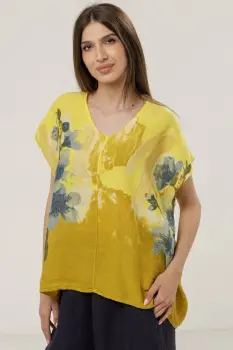 Bluza din in oversize cu funda la spate si imprimeu floral stilizat pastel, pe fond galben imagine