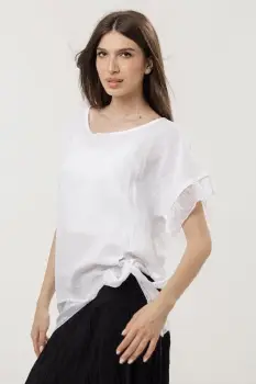 Bluza din in oversize cu funda la spate si volan din matase, alba imagine