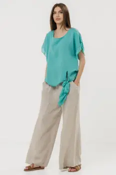 Bluza din in oversize cu funda la spate si volan din matase, turcoaz imagine