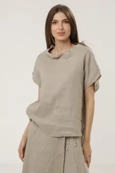 Bluza din in oversize, cu guler inalt si maneci fluture, bej imagine