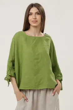 Bluza din in oversize, cu maneci fluture, cu funde, verde olive imagine