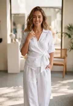 Bluza din in petrecuta cu cordon in talie si guler tip camasa,alba imagine