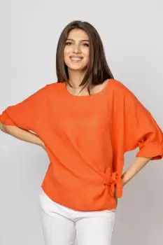 Bluza din in portocalie, masura mare cu nod pe talie imagine