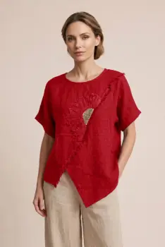 Bluza din in rosie cu paiete si broderie, croi lejer asimetric, stil elegant natural imagine