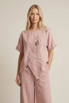 Bluza din in roz cu paiete si broderie, croi lejer asimetric, stil elegant natural imagine