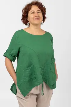 Bluza din in verde, asimetrica, cu siret pe fata imagine