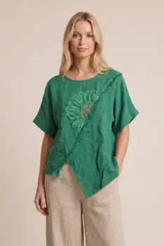 Bluza din in verde cu paiete si broderie, croi lejer asimetric, stil elegant natural imagine