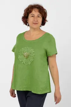 Bluza din in verde oliv, cu floare si paiete fine pe piept imagine