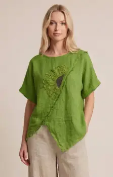 Bluza din in verde olive cu paiete si broderie, croi lejer asimetric, stil elegant natural imagine
