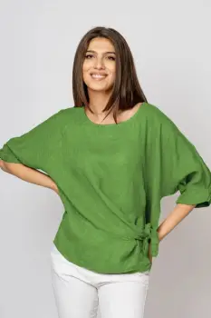 Bluza din in verde olive, masura mare cu nod pe talie imagine