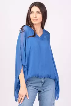 Bluza din matase naturala albastra, cu decolteu in V in fata si pe spate imagine