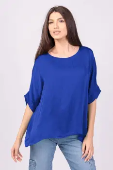 Bluza din matase naturala albastra, cu funda pe spate imagine