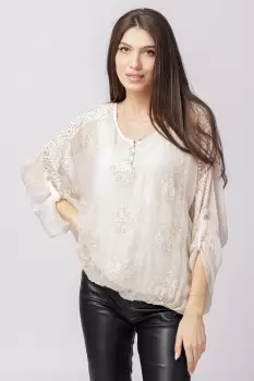 Bluza din matase naturala bej brodata si dantela pe spate imagine