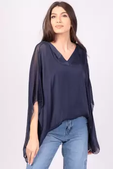 Bluza din matase naturala bleumarin, cu decolteu in V in fata si pe spate imagine