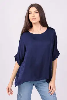 Bluza din matase naturala bleumarin, cu funda pe spate imagine