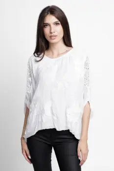 Bluza din matase naturala brodata, cu dantela pe spate, aba imagine