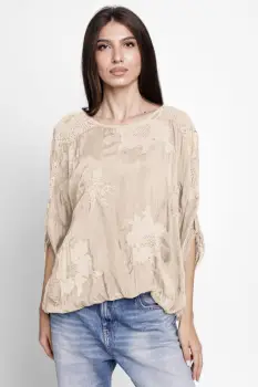 Bluza din matase naturala brodata, cu dantela pe spate, bej imagine