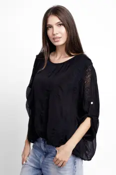 Bluza din matase naturala brodata, cu dantela pe spate, neagra imagine