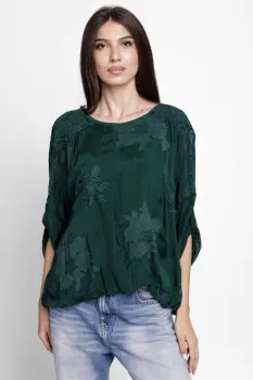 Bluza din matase naturala brodata, cu dantela pe spate, verde inchis imagine