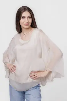 Bluza din matase naturala cu maneca clopot, bej imagine