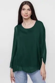 Bluza din matase naturala cu maneca clopot, verde inchis imagine