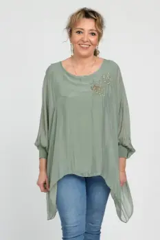 Bluza din matase naturala in colturi cu broderie cu paiete aurii mate, kaki imagine