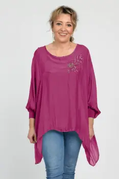 Bluza din matase naturala in colturi cu broderie cu paiete aurii mate, mov zmeura imagine