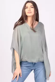 Bluza din matase naturala kaki, cu decolteu in V in fata si pe spate imagine