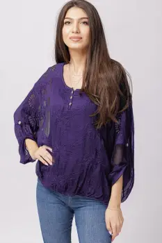 Bluza din matase naturala mov brodata si dantela pe spate imagine