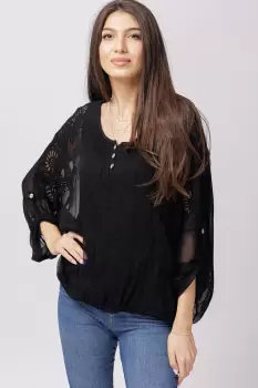 Bluza din matase naturala neagra brodata si dantela pe spate imagine