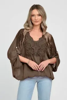 Bluza din matase naturala platca brodata, cu dantela pe maneci si pe spate, maro imagine