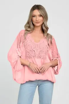 Bluza din matase naturala platca brodata, cu dantela pe maneci si pe spate, roz imagine