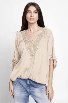 Bluza din matase naturala platca brodata, cu paiete fine si cu dantela pe spate, bej imagine