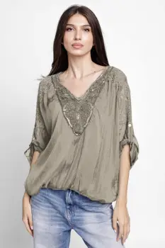 Bluza din matase naturala platca brodata, cu paiete fine si cu dantela pe spate, bej inchis imagine