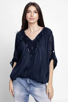 Bluza din matase naturala platca brodata, cu paiete fine si cu dantela pe spate, bleumarin imagine