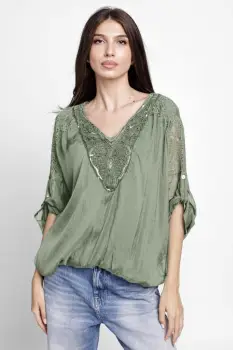 Bluza din matase naturala platca brodata, cu paiete fine si cu dantela pe spate, kaki imagine