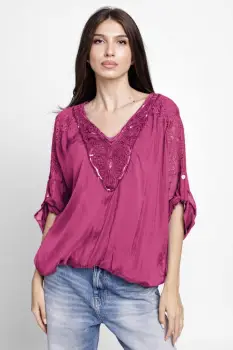 Bluza din matase naturala platca brodata, cu paiete fine si cu dantela pe spate, magenta imagine