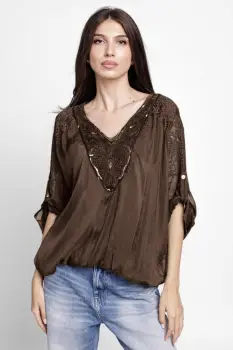 Bluza din matase naturala platca brodata, cu paiete fine si cu dantela pe spate, maro imagine